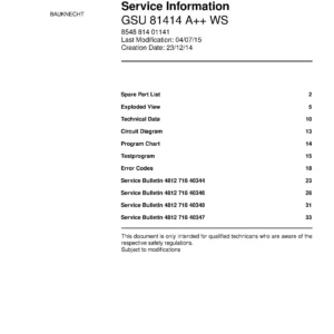 Bauknecht gsu 81414 a ws (33) service manual integrated dishwasher showing service information and table of contents with spare parts list, exploded view, circuit diagram, program chart, test program, error codes, and service bulletins.