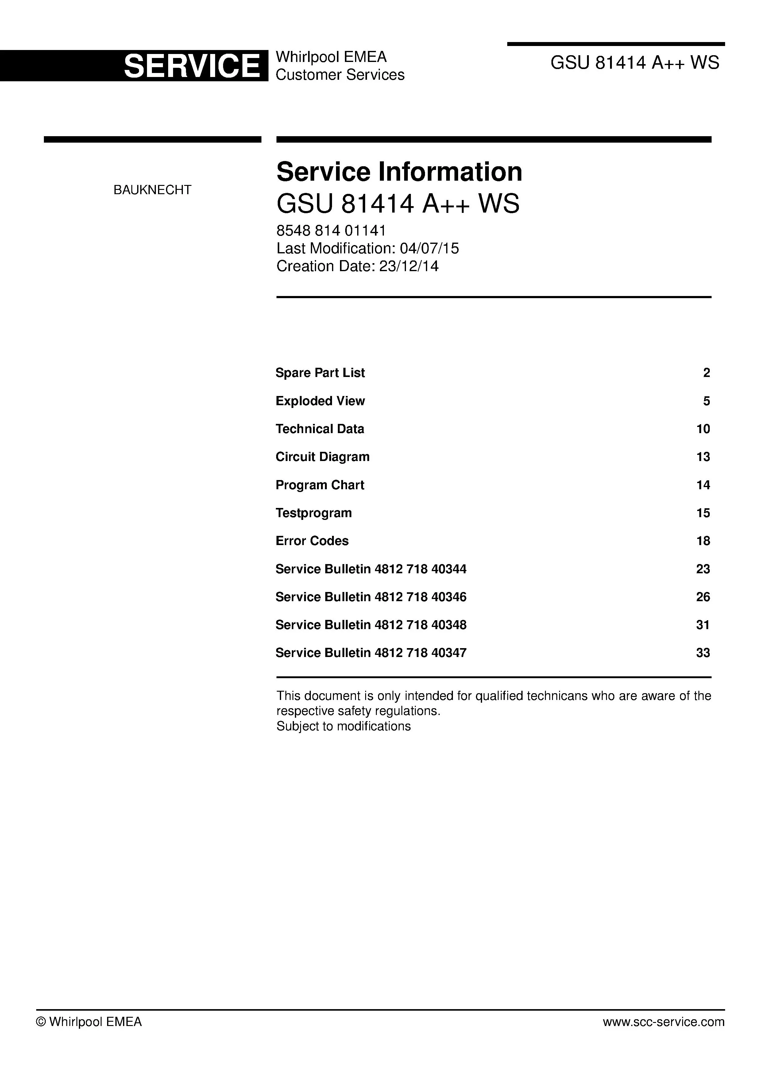 Bauknecht gsu 81414 a ws (33) service manual integrated dishwasher showing service information and table of contents with spare parts list, exploded view, circuit diagram, program chart, test program, error codes, and service bulletins.