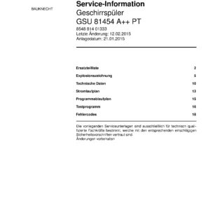 Bauknecht gsu 81454 a pt deutsch (22) service manual integrated dishwasher showing service information and table of contents with spare parts list, exploded view, circuit diagram, program chart, test program, error codes, and service bulletins.