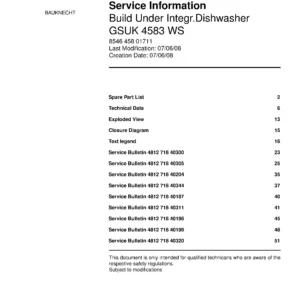 Bauknecht gsuk 4583 ws (53) service manual integrated dishwasher showing service information and table of contents with spare parts list, exploded view, circuit diagram, program chart, test program, error codes, and service bulletins.