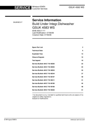 Bauknecht gsuk 4583 ws (53) service manual integrated dishwasher showing service information and table of contents with spare parts list, exploded view, circuit diagram, program chart, test program, error codes, and service bulletins.