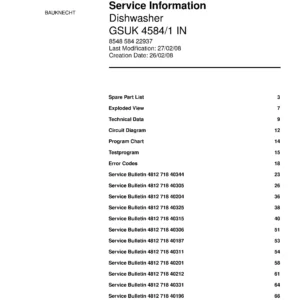 Bauknecht gsuk 4584 1 in (74) service manual integrated dishwasher showing service information and table of contents with spare parts list, exploded view, circuit diagram, program chart, test program, error codes, and service bulletins.