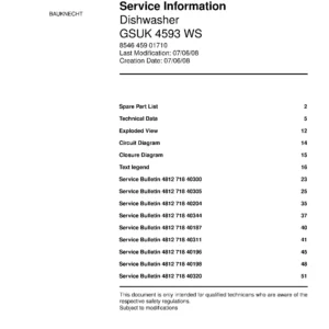 Bauknecht gsuk 4593 ws (53) service manual integrated dishwasher showing service information and table of contents with spare parts list, exploded view, circuit diagram, program chart, test program, error codes, and service bulletins.