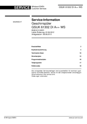 Bauknecht gsuk 61302 di a ws deutsch (23) service manual integrated dishwasher showing service information and table of contents with spare parts list, exploded view, circuit diagram, program chart, test program, error codes, and service bulletins.