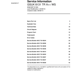 Bauknecht gsuk 8131 tr a ws (43) service manual integrated dishwasher showing service information and table of contents with spare parts list, exploded view, circuit diagram, program chart, test program, error codes, and service bulletins.