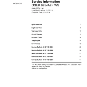 Bauknecht gsuk 8254a2p ws (38) service manual integrated dishwasher showing service information and table of contents with spare parts list, exploded view, circuit diagram, program chart, test program, error codes, and service bulletins.
