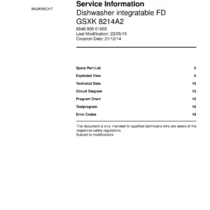 Bauknecht gsxk 8214a2 (23) service manual integrated dishwasher showing service information and table of contents with spare parts list, exploded view, circuit diagram, program chart, test program, error codes, and service bulletins.