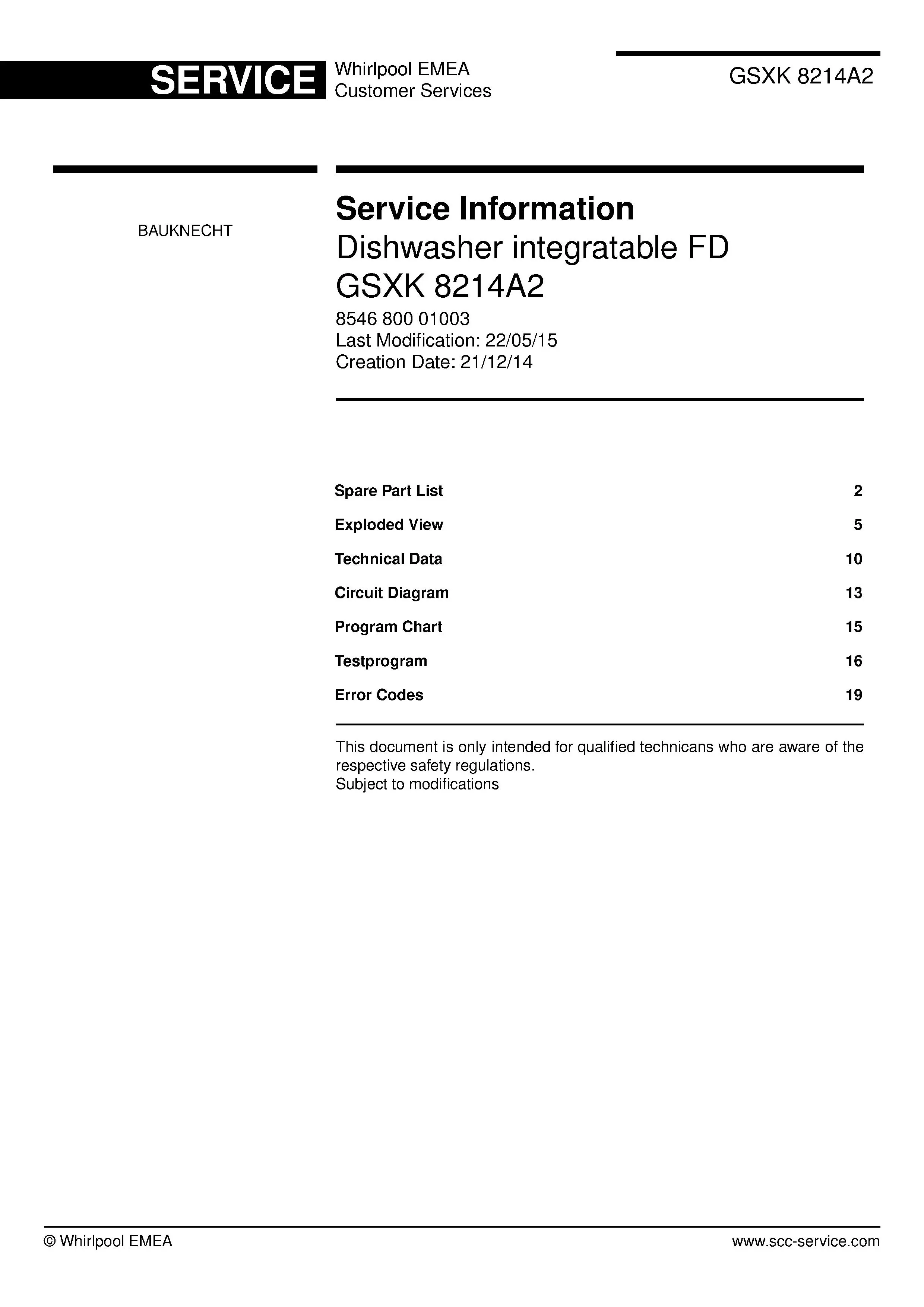 Bauknecht gsxk 8214a2 (23) service manual integrated dishwasher showing service information and table of contents with spare parts list, exploded view, circuit diagram, program chart, test program, error codes, and service bulletins.