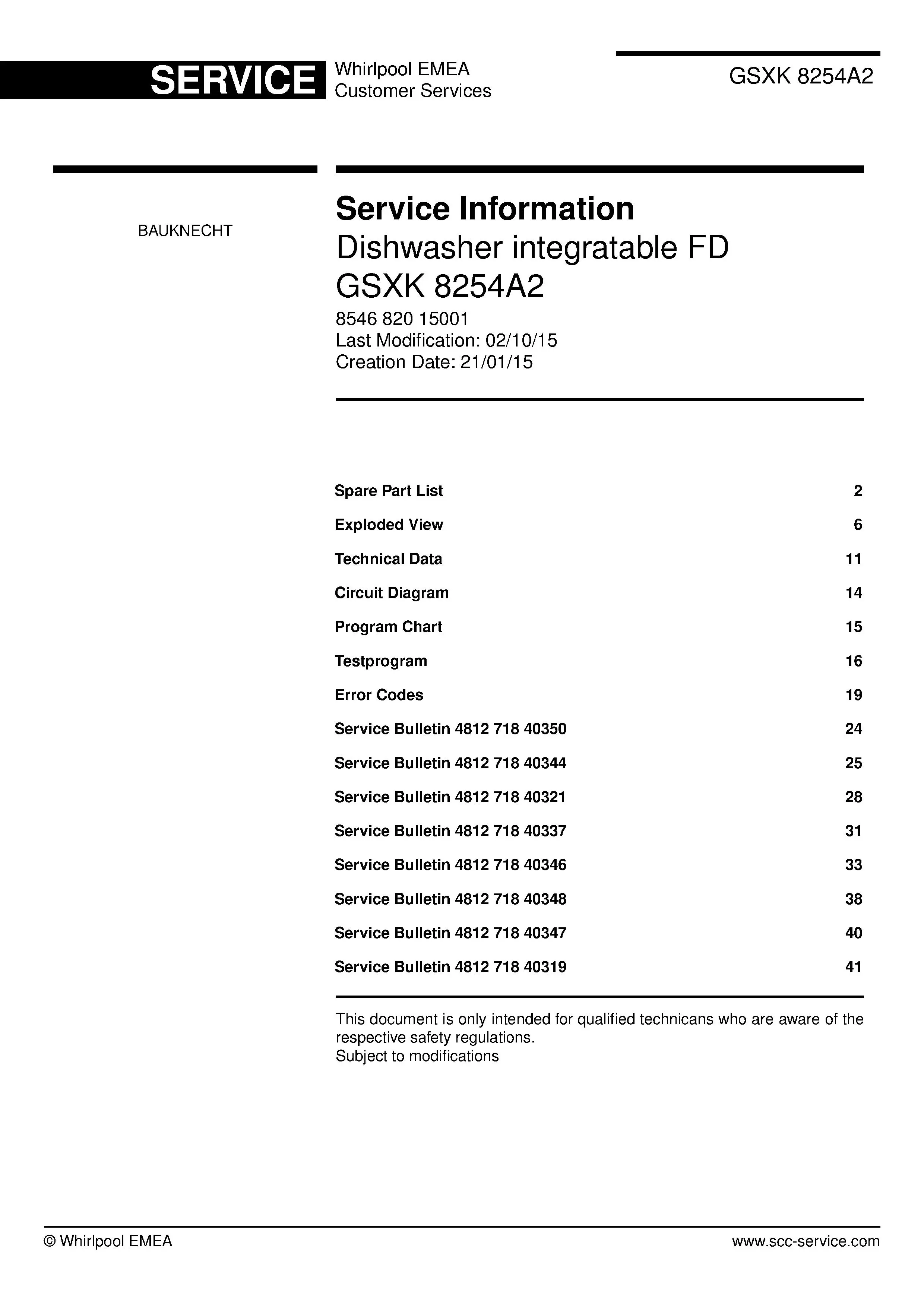 Bauknecht gsxk 8254a2 (45) service manual integrated dishwasher showing service information and table of contents with spare parts list, exploded view, circuit diagram, program chart, test program, error codes, and service bulletins.