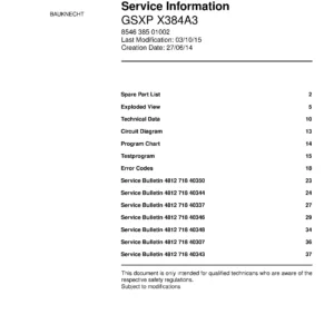 Bauknecht gsxp x384a3 (37) service manual integrated dishwasher showing service information and table of contents with spare parts list, exploded view, circuit diagram, program chart, test program, error codes, and service bulletins.