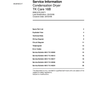 Bauknecht tk care 16b service manual cover dryer type and model code, publication date and manual contents