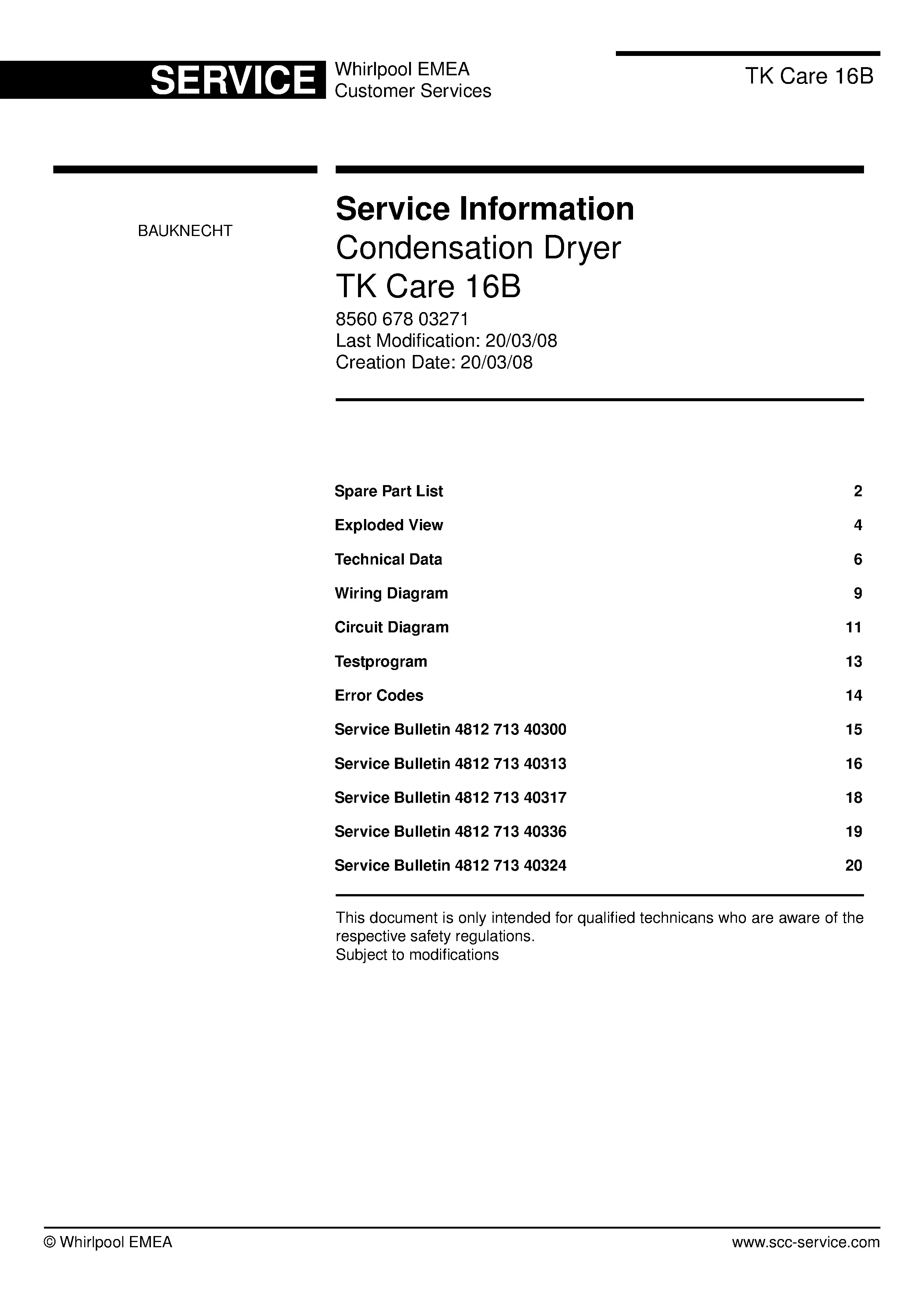 Bauknecht tk care 16b service manual cover dryer type and model code, publication date and manual contents