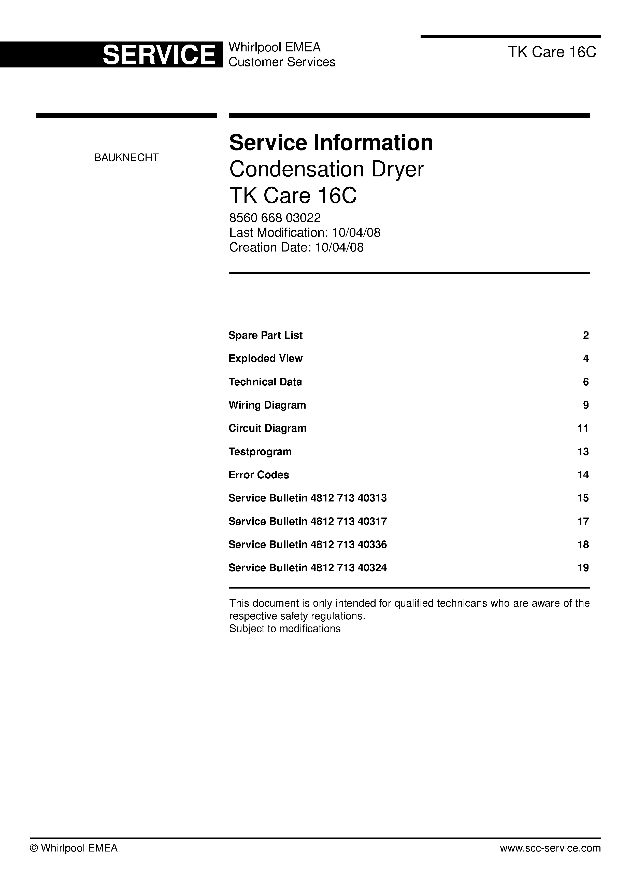 Bauknecht tk care 16c service manual cover dryer type and model code, publication date and manual contents