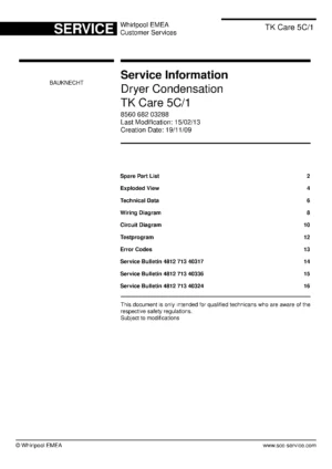 Bauknecht tk care 5c 1 service manual cover dryer type and model code, publication date and manual contents