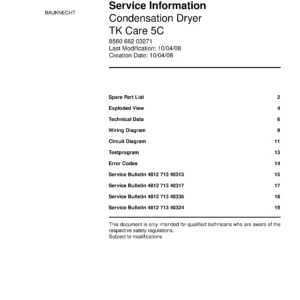 Bauknecht tk care 5c service manual cover dryer type and model code, publication date and manual contents