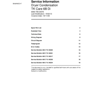 Bauknecht tk care 6b di service manual cover dryer type and model code, publication date and manual contents