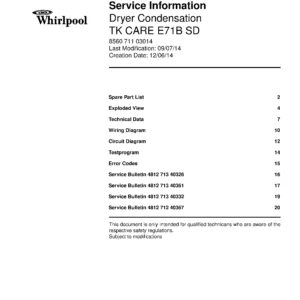 Bauknecht tk care e71b sd service manual cover dryer type and model code, publication date and manual contents