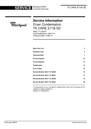Bauknecht tk care e71b sd service manual cover dryer type and model code, publication date and manual contents