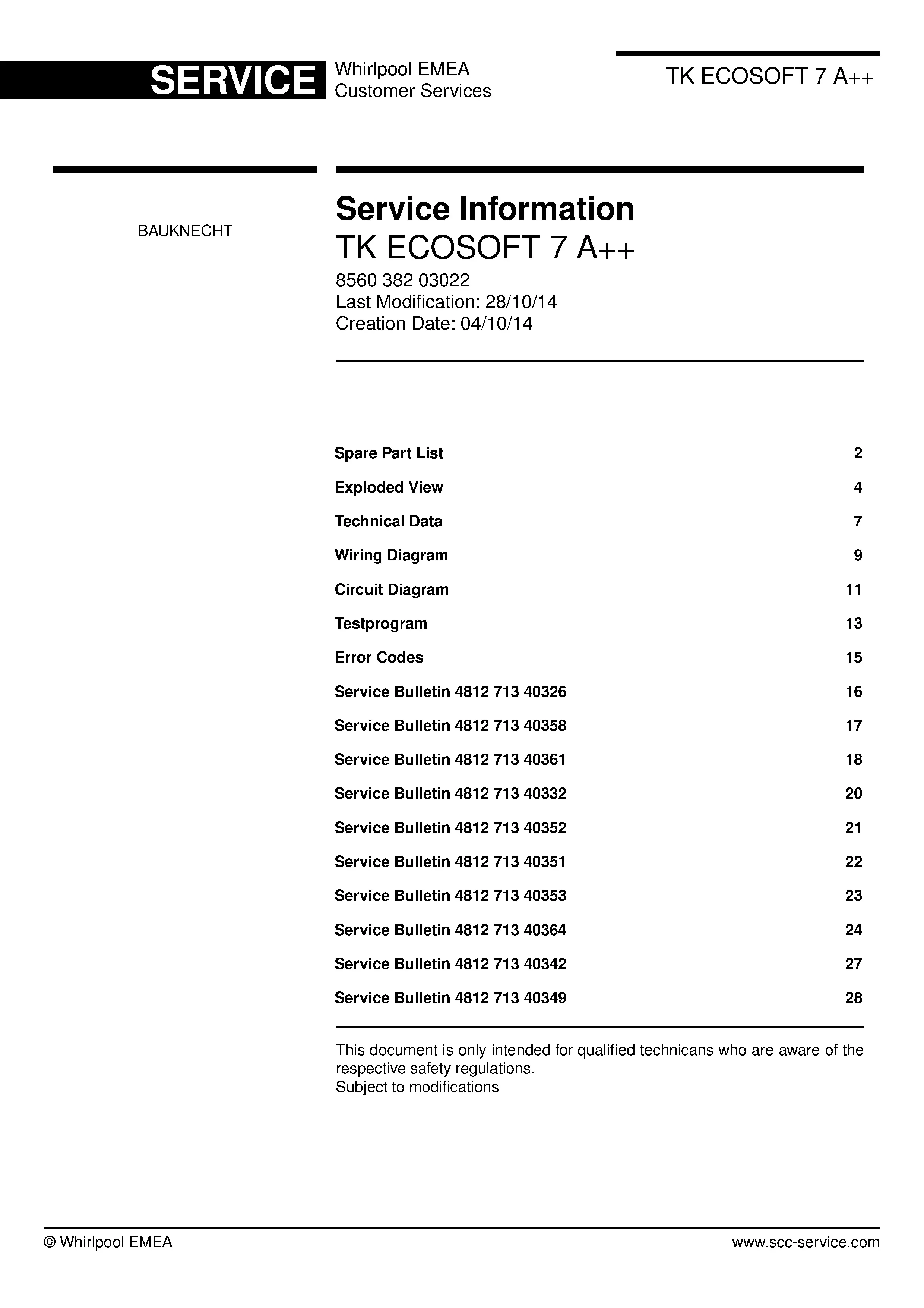 Bauknecht tk ecosoft 7 a service manual cover dryer type and model code, publication date and manual contents