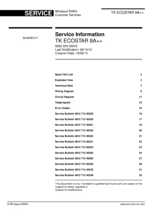 Bauknecht tk ecostar 8a service manual cover dryer type and model code, publication date and manual contents