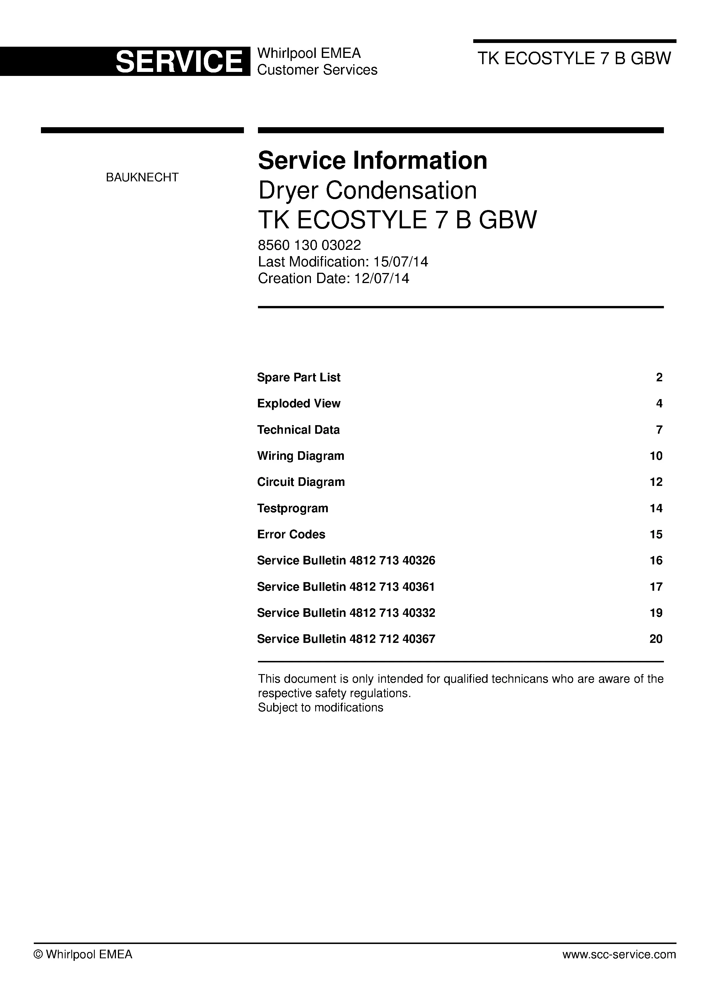 Bauknecht tk ecostyle 7 b gbw service manual cover dryer type and model code, publication date and manual contents