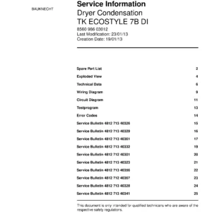 Bauknecht tk ecostyle 7b di service manual cover dryer type and model code, publication date and manual contents