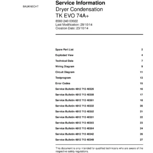 Bauknecht tk evo 74a service manual cover dryer type and model code, publication date and manual contents