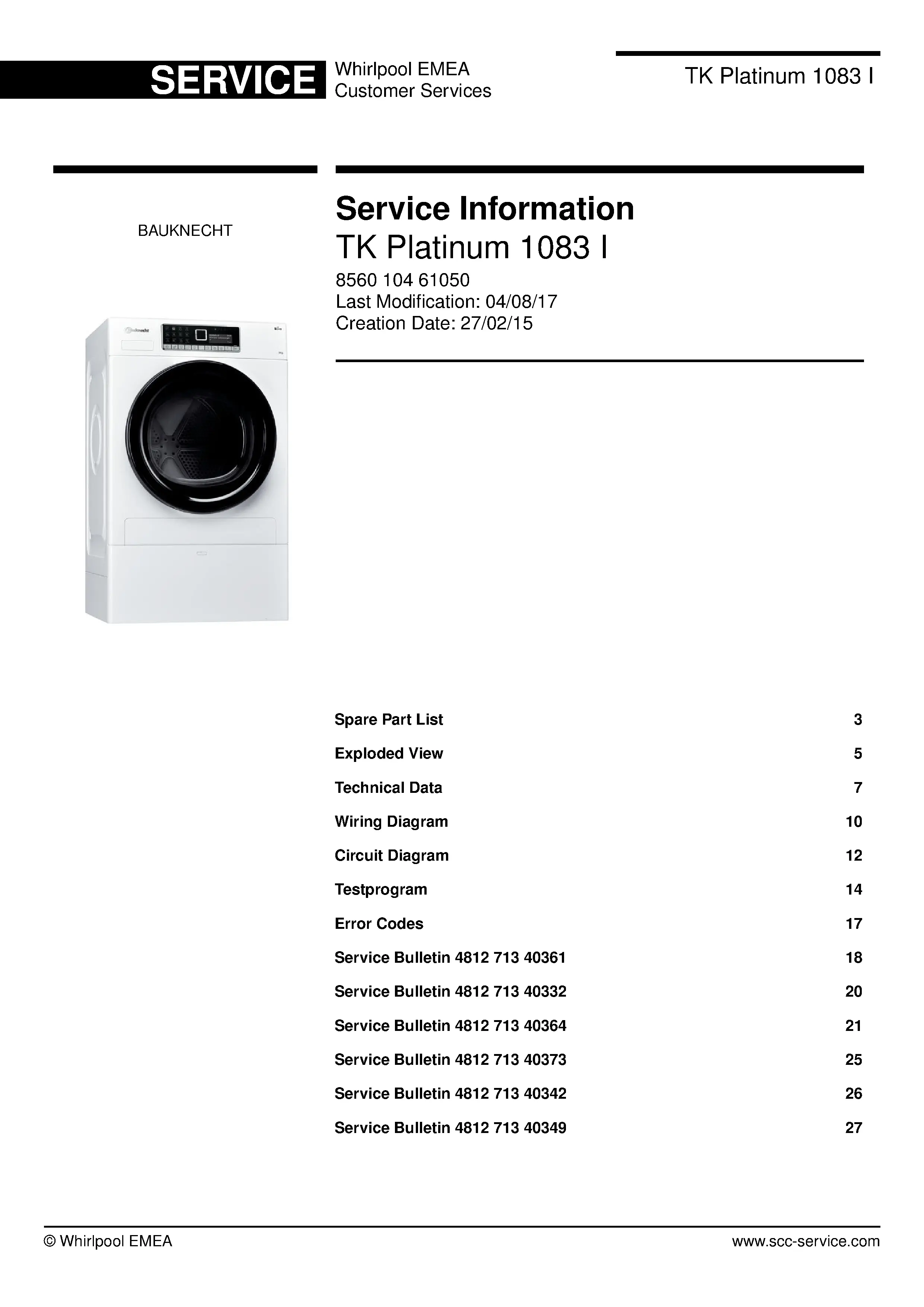 Bauknecht tk platinum 1083 i service manual cover dryer type and model code, publication date and manual contents