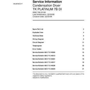 Bauknecht tk platinum 7b di service manual cover dryer type and model code, publication date and manual contents