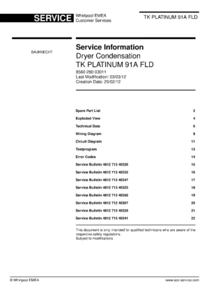 Bauknecht tk platinum 91a fld service manual cover dryer type and model code, publication date and manual contents