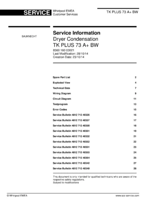 Bauknecht tk plus 73 a bw service manual cover dryer type and model code, publication date and manual contents