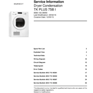 Bauknecht tk plus 75b i service manual cover dryer type and model code, publication date and manual contents