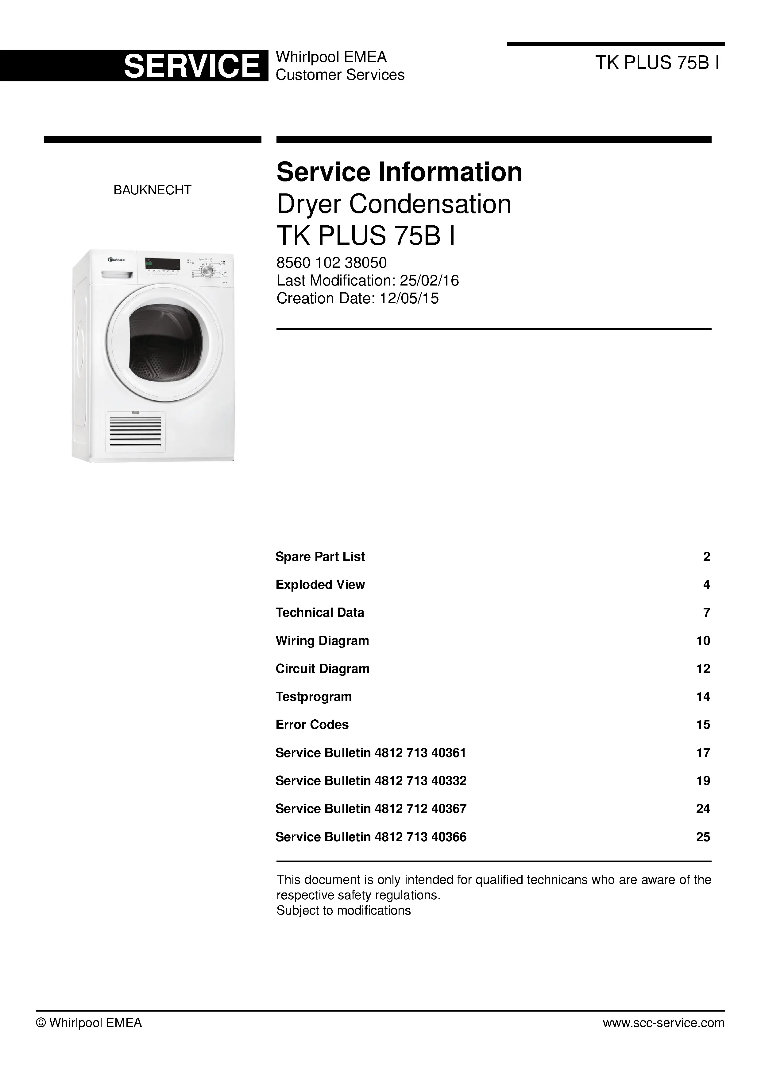 Bauknecht tk plus 75b i service manual cover dryer type and model code, publication date and manual contents