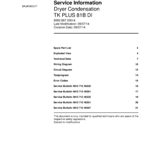 Bauknecht tk plus 81b di service manual cover dryer type and model code, publication date and manual contents