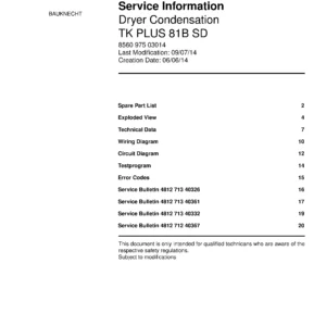 Bauknecht tk plus 81b sd service manual cover dryer type and model code, publication date and manual contents