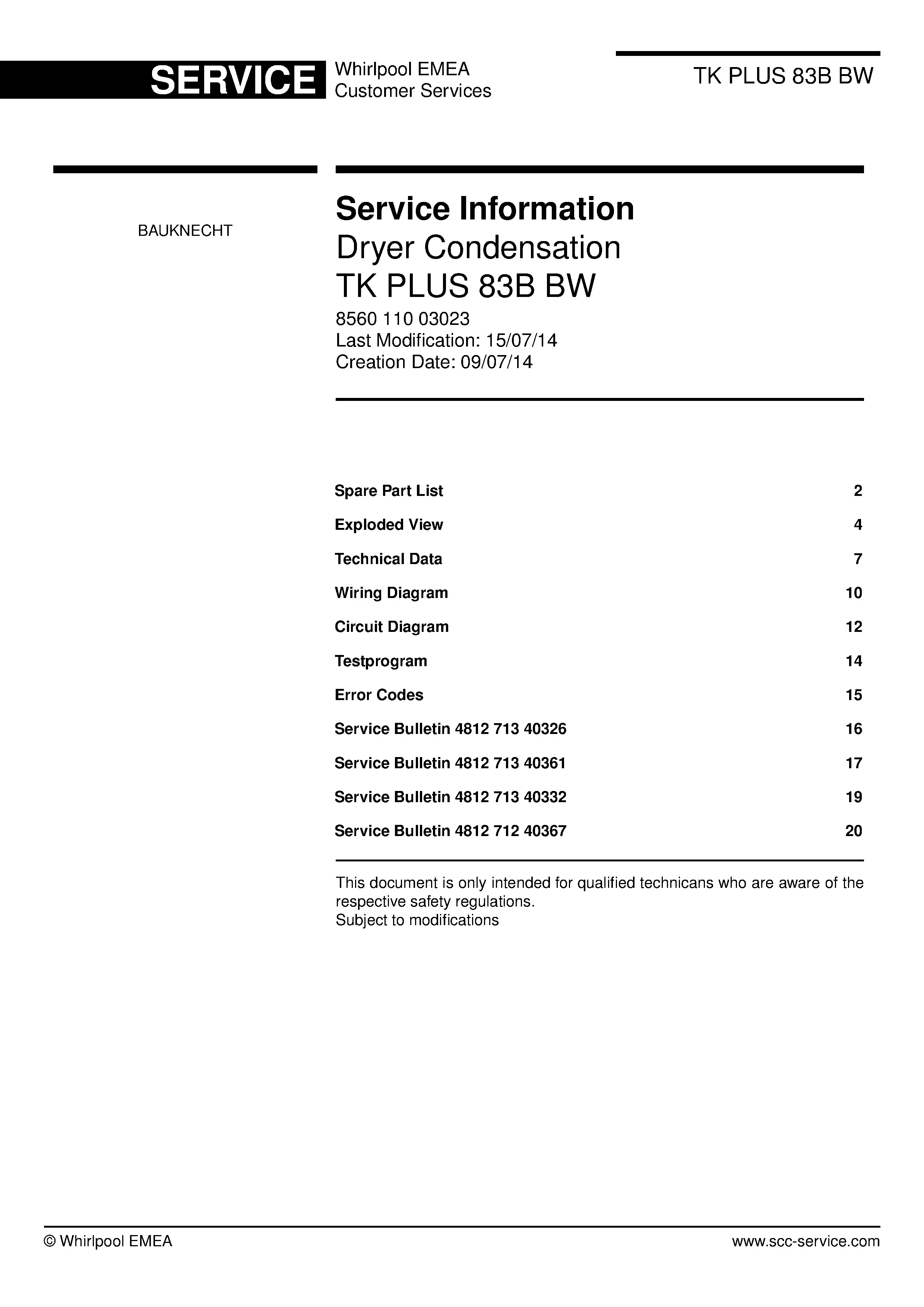 Bauknecht tk plus 83b bw service manual cover dryer type and model code, publication date and manual contents