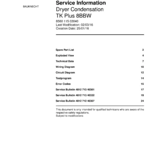 Bauknecht tk plus 8bbw service manual cover dryer type and model code, publication date and manual contents