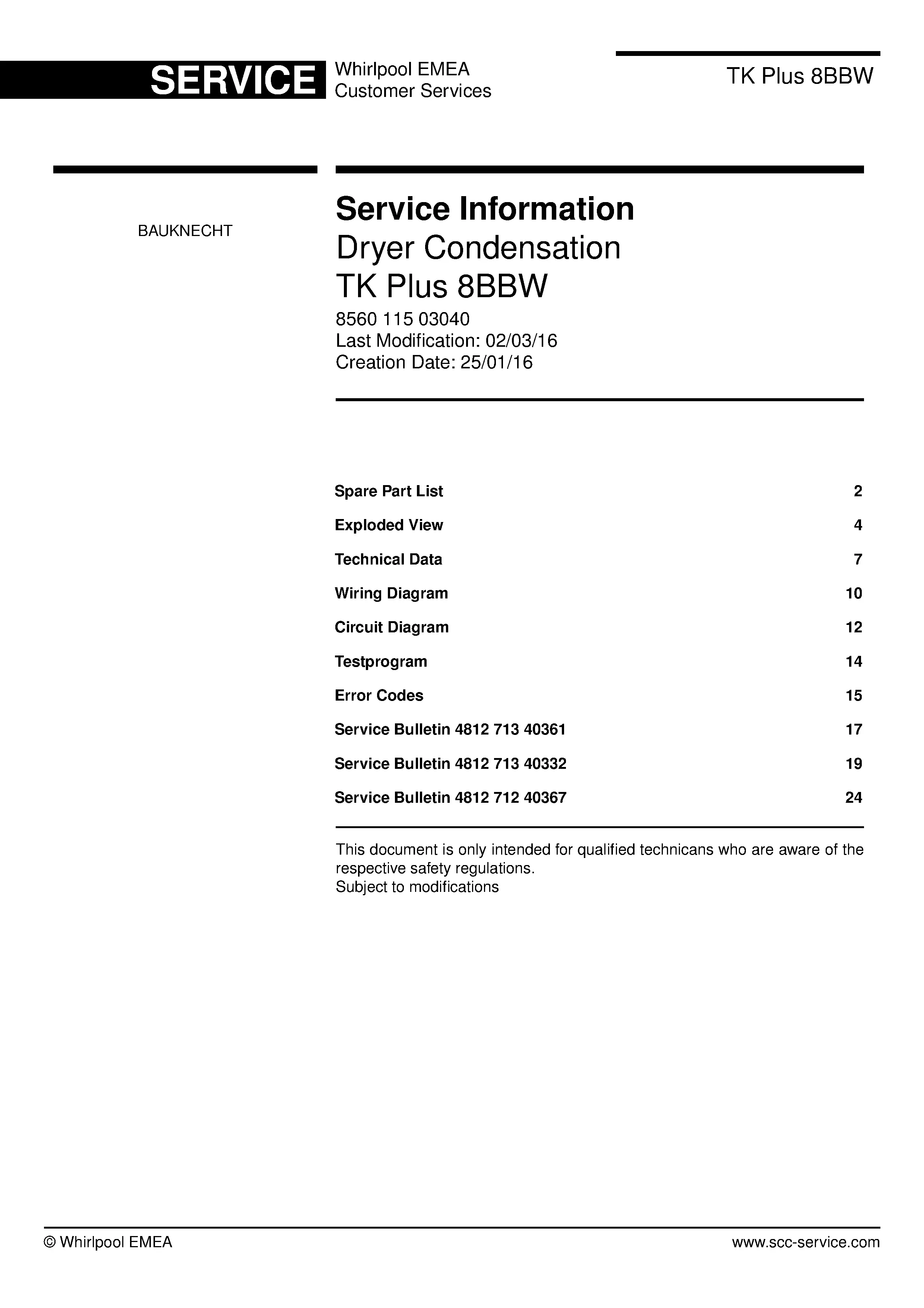 Bauknecht tk plus 8bbw service manual cover dryer type and model code, publication date and manual contents
