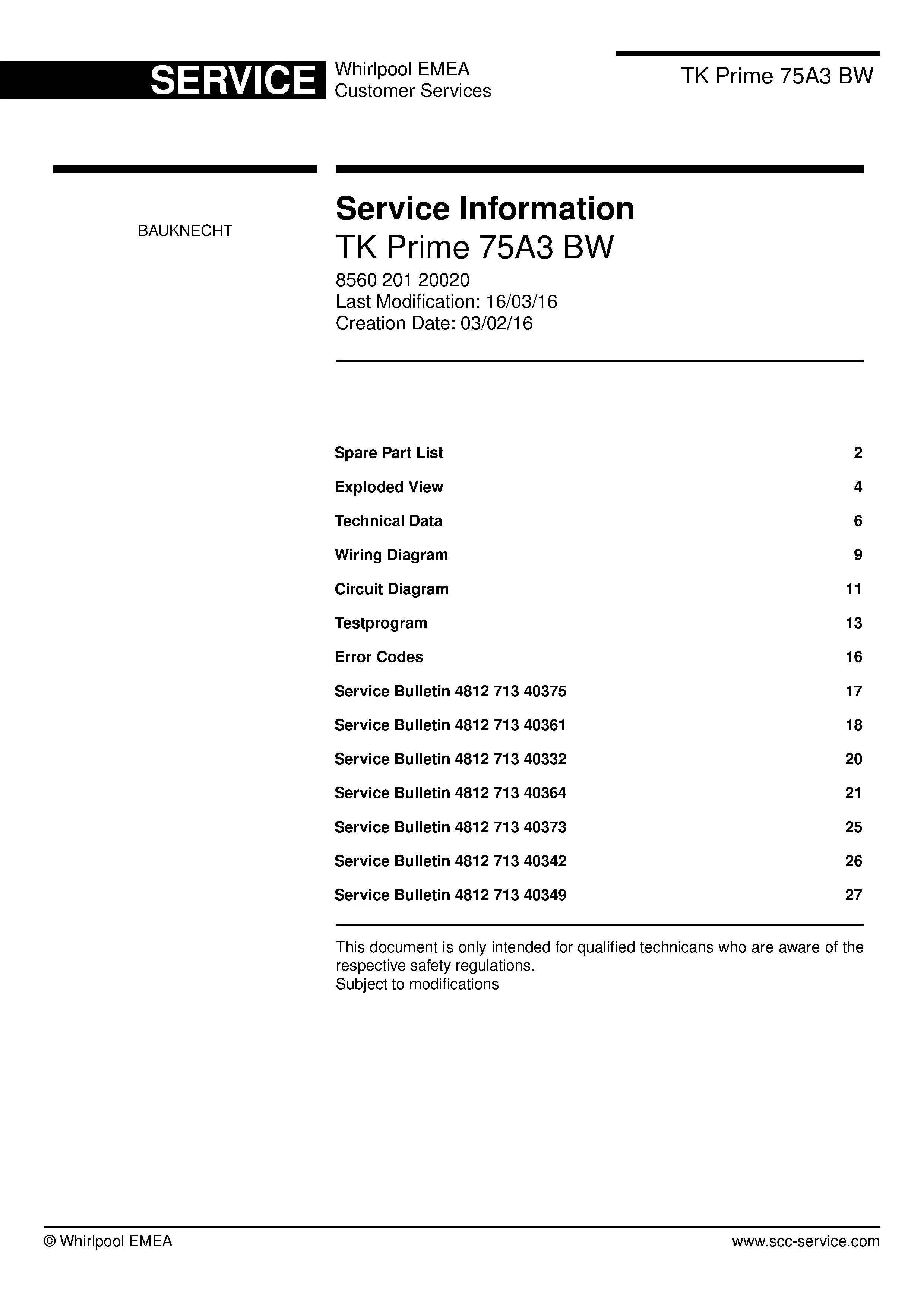 Bauknecht tk prime 75a3 bw service manual cover dryer type and model code, publication date and manual contents