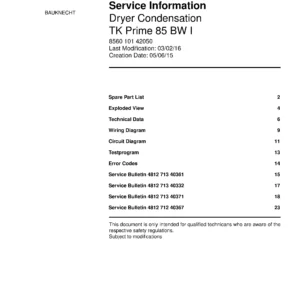 Bauknecht tk prime 85 bw i service manual cover dryer type and model code, publication date and manual contents