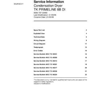 Bauknecht tk primeline 8b di service manual cover dryer type and model code, publication date and manual contents