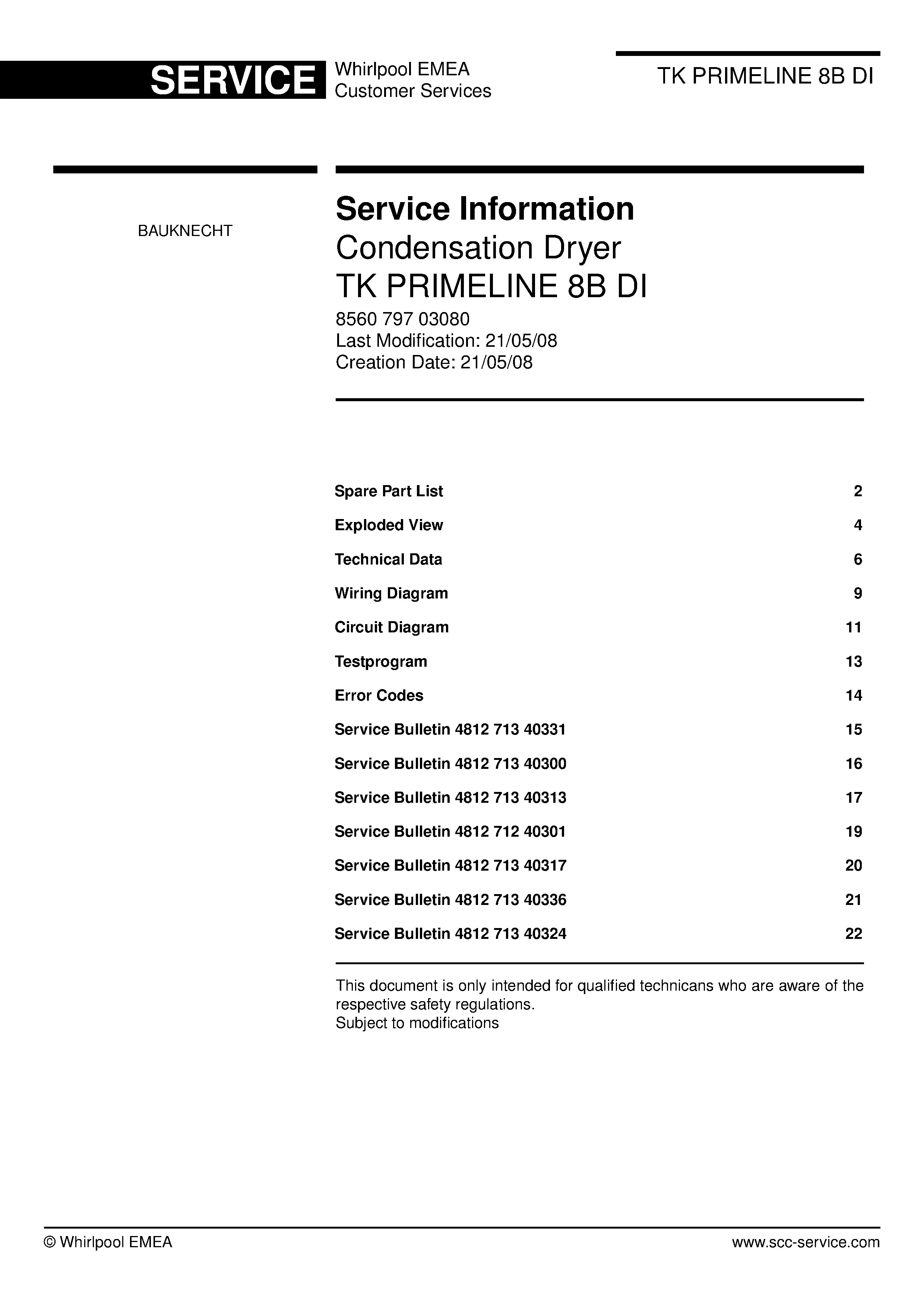 Bauknecht tk primeline 8b di service manual cover dryer type and model code, publication date and manual contents