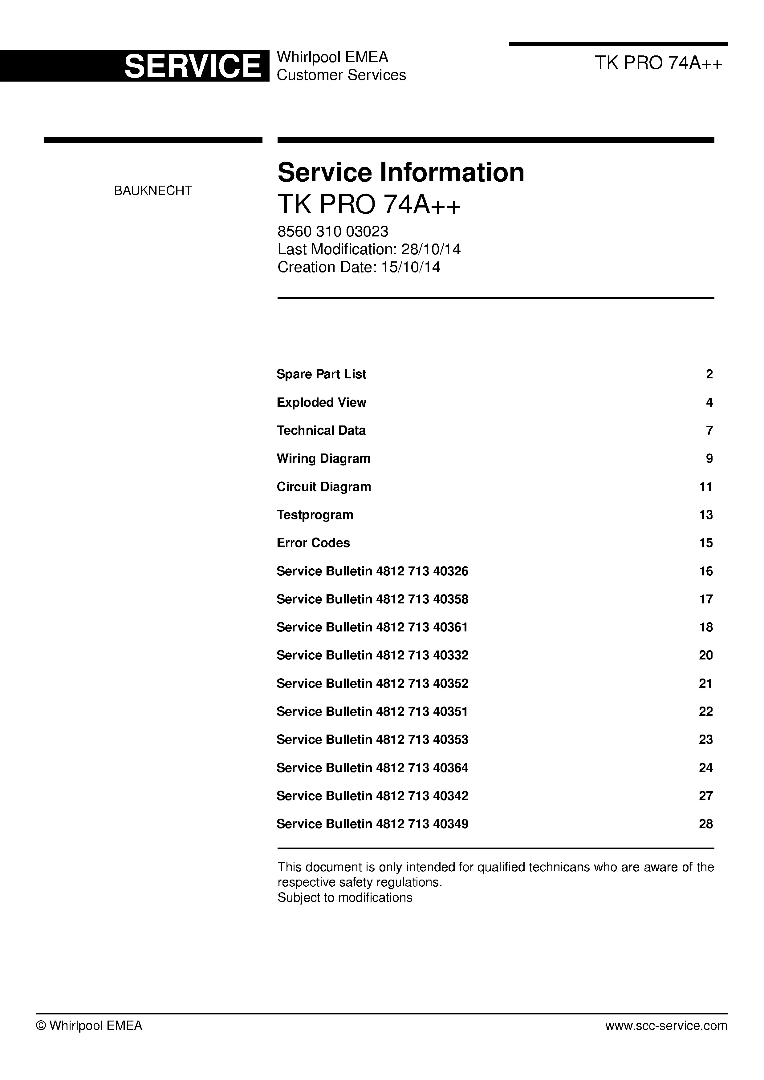 Bauknecht tk pro 74a service manual cover dryer type and model code, publication date and manual contents
