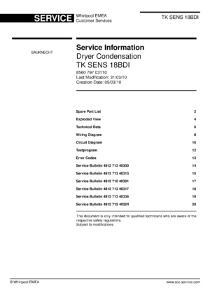 Bauknecht tk sens 18bdi service manual cover dryer type and model code, publication date and manual contents