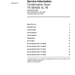 Bauknecht tk sense xl 7b service manual cover dryer type and model code, publication date and manual contents