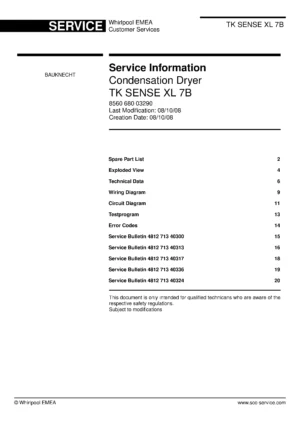 Bauknecht tk sense xl 7b service manual cover dryer type and model code, publication date and manual contents
