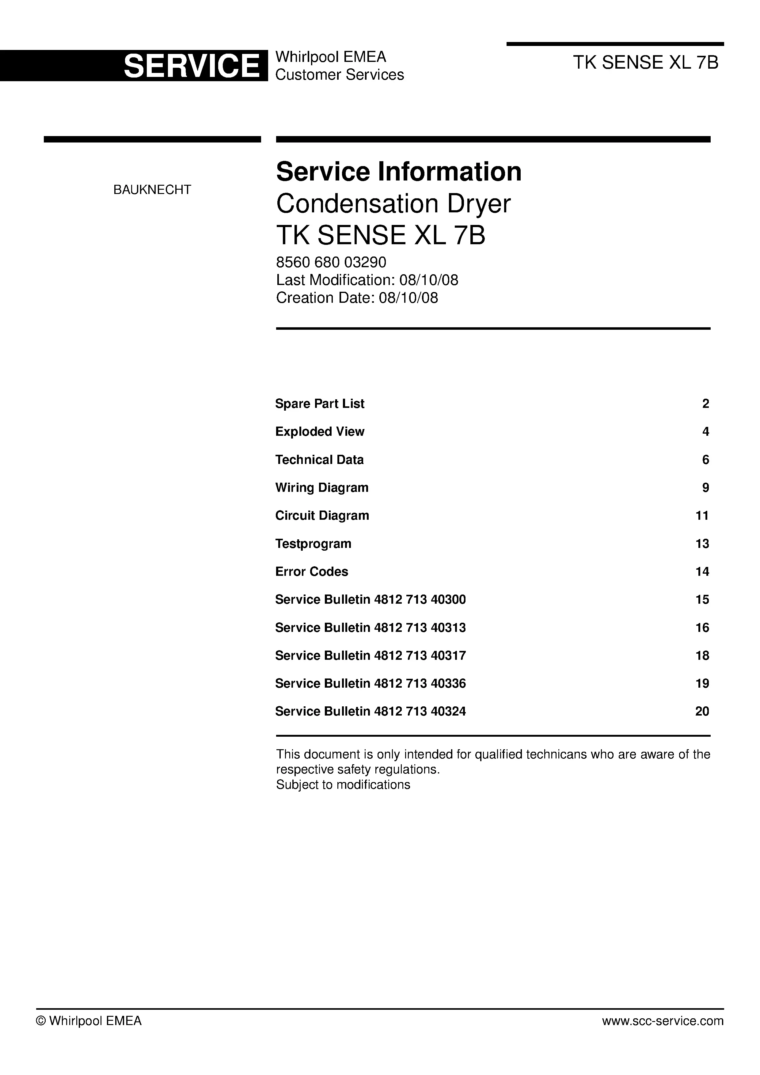 Bauknecht tk sense xl 7b service manual cover dryer type and model code, publication date and manual contents