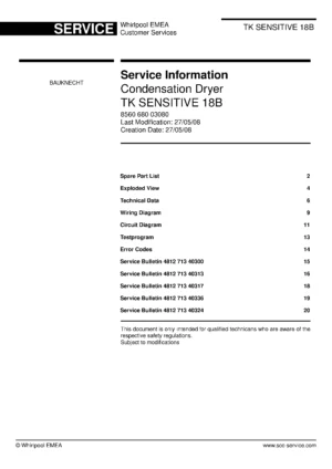Bauknecht tk sensitive 18b service manual cover dryer type and model code, publication date and manual contents