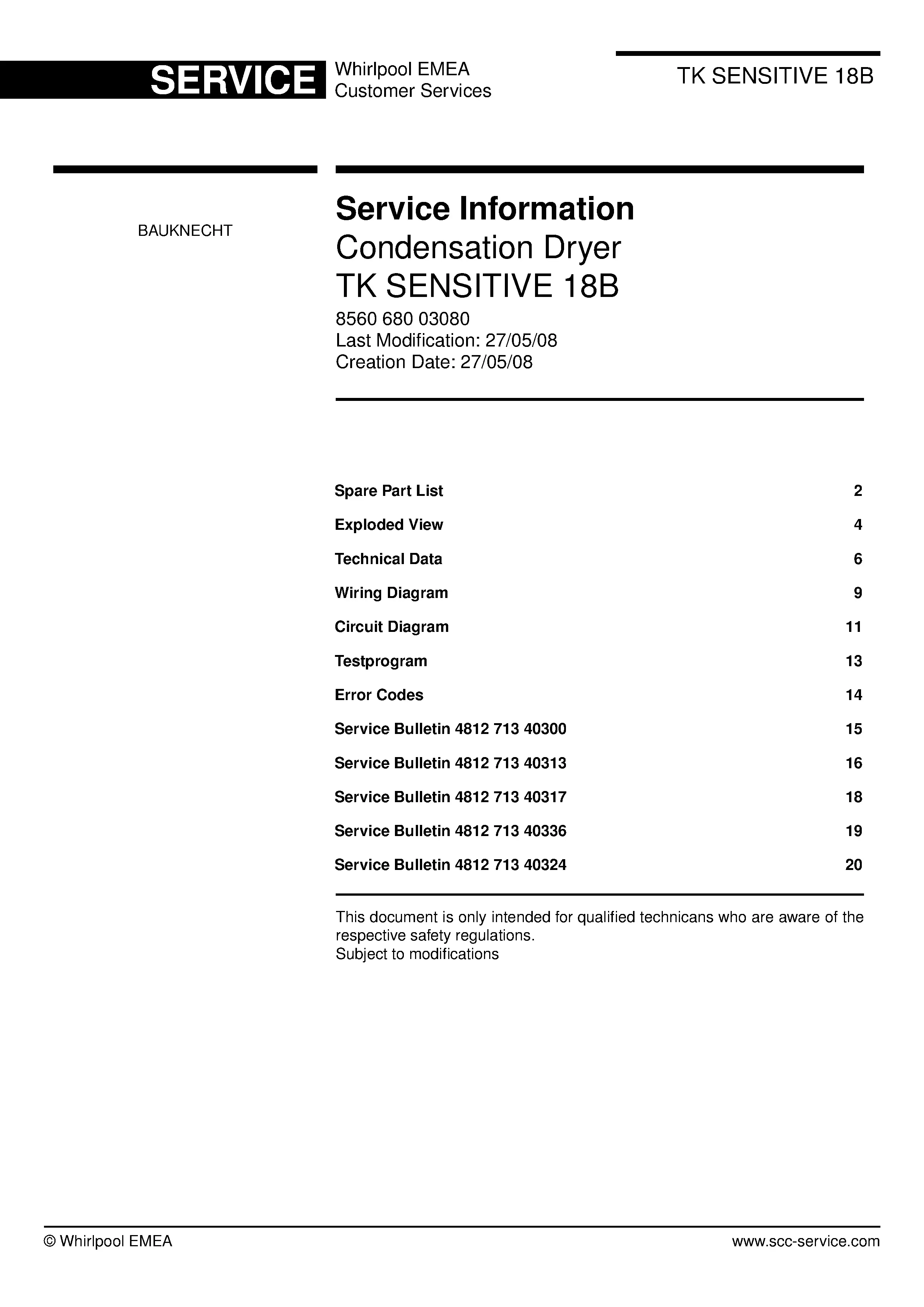Bauknecht tk sensitive 18b service manual cover dryer type and model code, publication date and manual contents