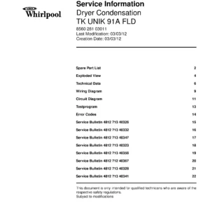 Bauknecht tk unik 91a fld service manual cover dryer type and model code, publication date and manual contents